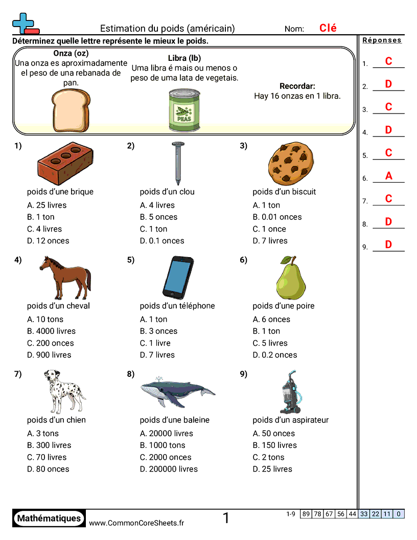 Fiches d'Exercices sur les Poids - Estimer un poids worksheet