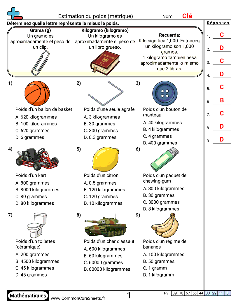 Fiches d'Exercices sur les Poids - Estimer un poids worksheet