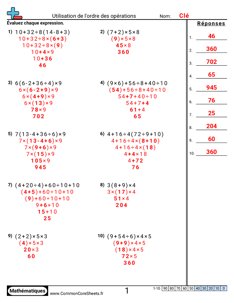 Fiches d'Exercices de Priorité des Opérations - Utiliser l’ordre des opérations (sans négatifs) worksheet