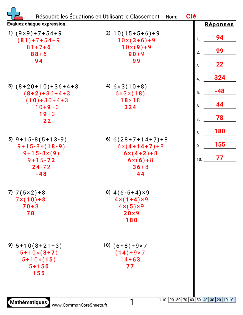 Fiches d'Exercices de Priorité des Opérations - Résoudre en utilisant l’ordre des opérations worksheet