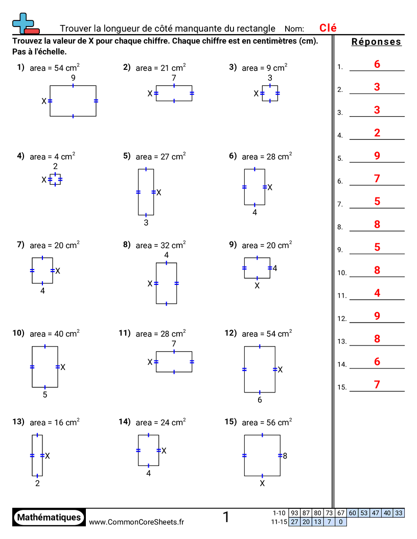 Fiches d'Exercices sur le Calcul d'Aire & Périmètre - Trouver la longueur manquante d’un côté de rectangle worksheet
