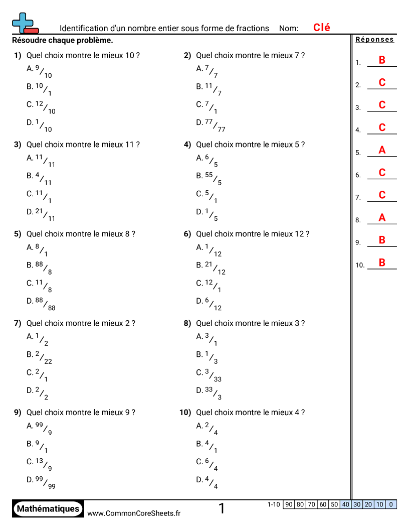 Fiches d'Exercices avec Fractions - Identifier un nombre entier comme fraction worksheet