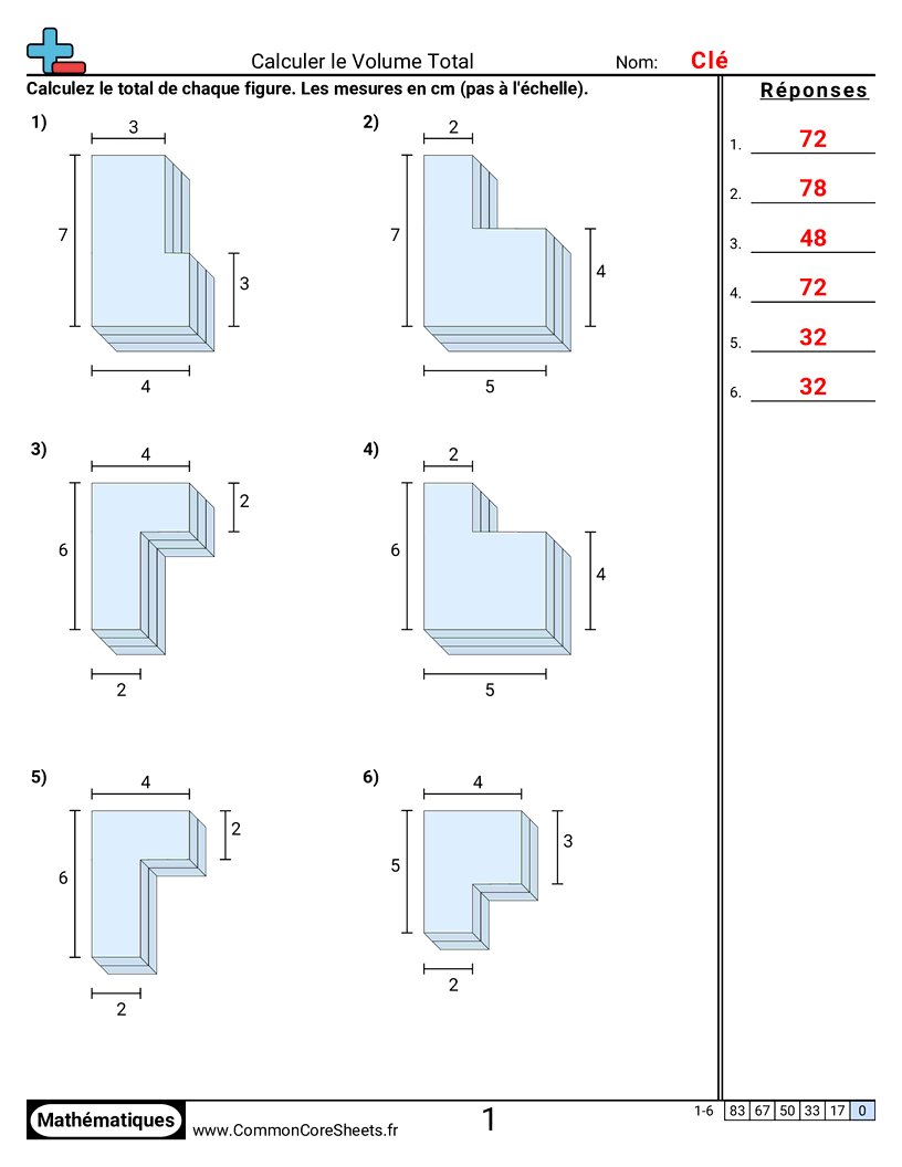 Fiches d'Exercices sur Volumes - Trouver le volume total worksheet