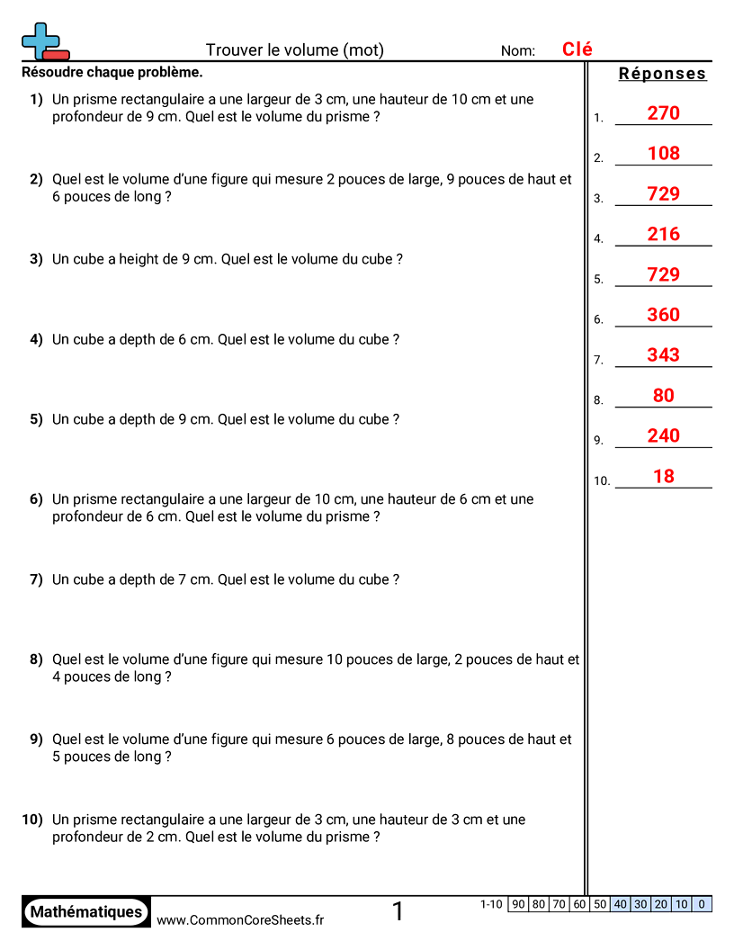 Fiches d'Exercices sur Volumes - Trouver le volume (problèmes) worksheet