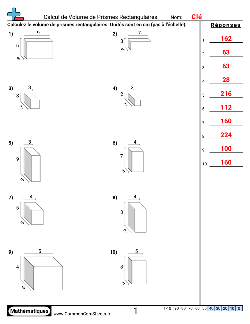Fiches d'Exercices sur Volumes - Trouver le volume de prismes rectangulaires worksheet
