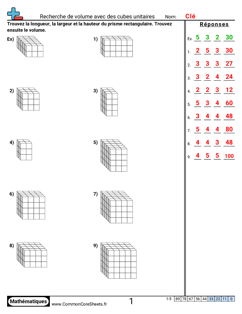 Fiches d'Exercices sur Volumes - Trouver le volume avec des cubes unité worksheet