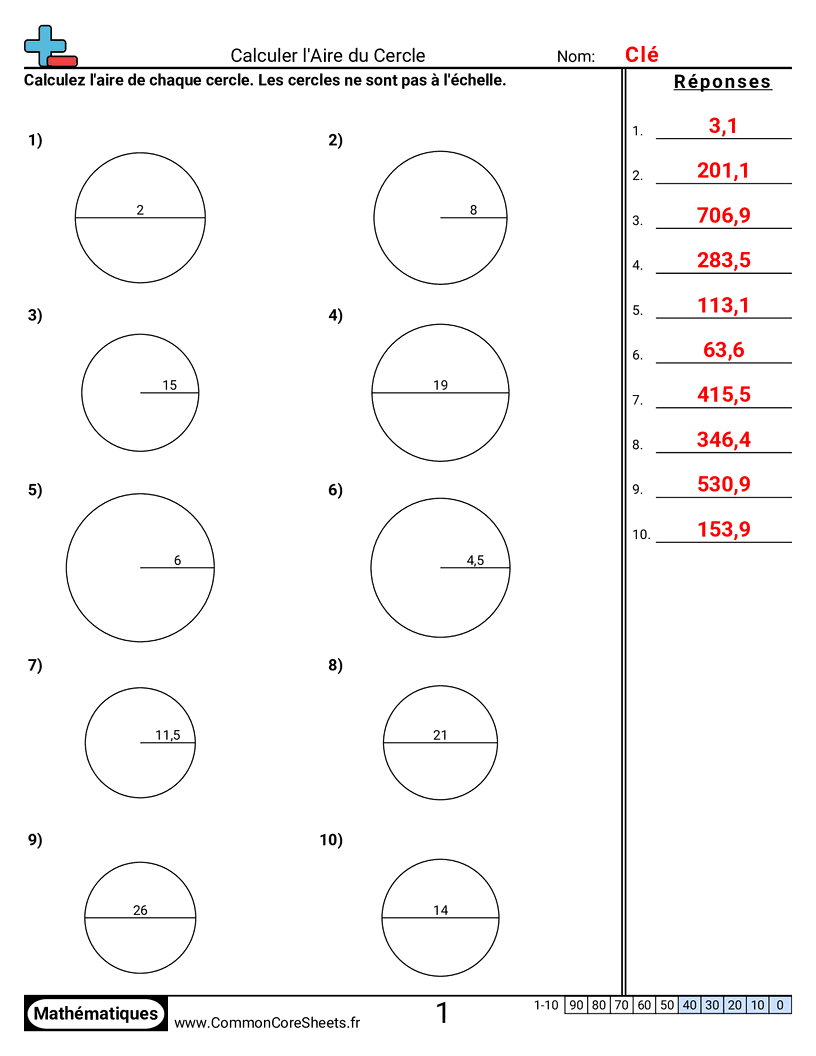 Fiches d'Exercices sur le Calcul d'Aire & Périmètre - aire-du-cercle worksheet