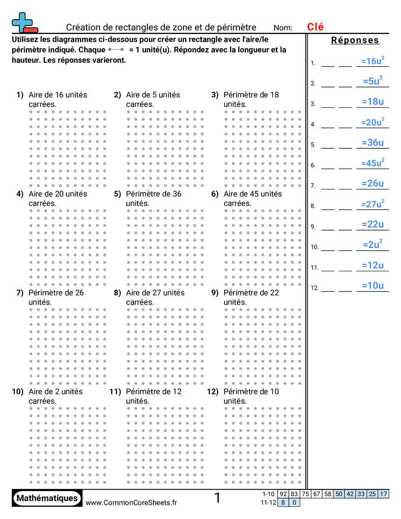 Fiches d'Exercices sur le Calcul d'Aire & Périmètre - Créer des rectangles d’aire et de périmètre worksheet