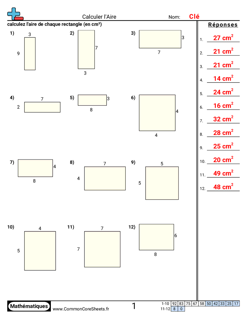 Fiches d'Exercices sur le Calcul d'Aire & Périmètre - Trouver l’aire worksheet