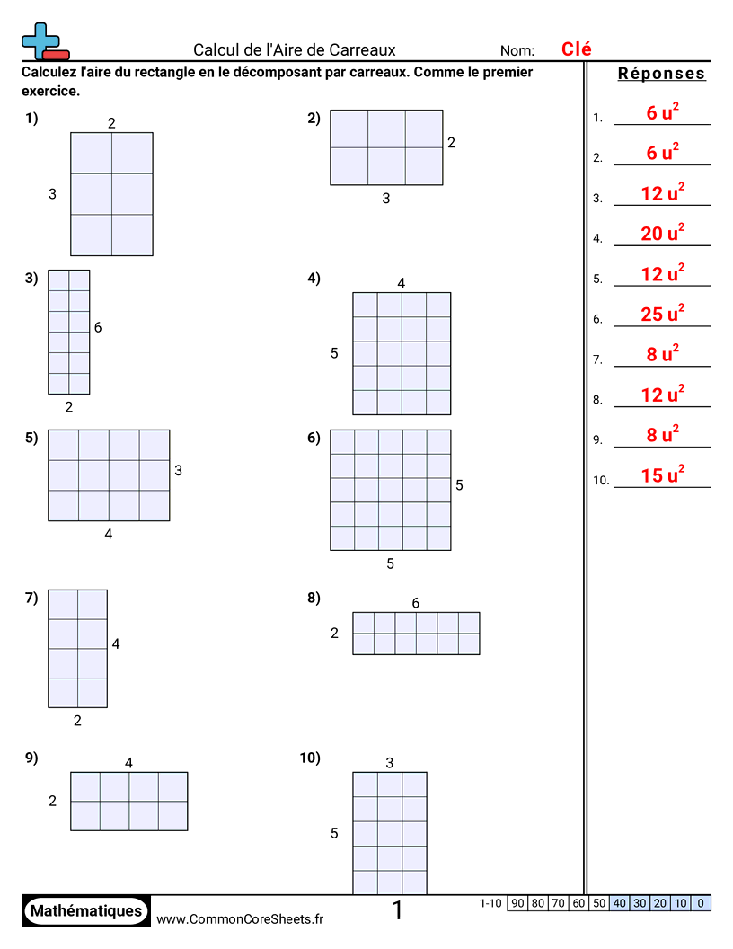 Fiches d'Exercices sur le Calcul d'Aire & Périmètre - Trouver l’aire par pavage worksheet