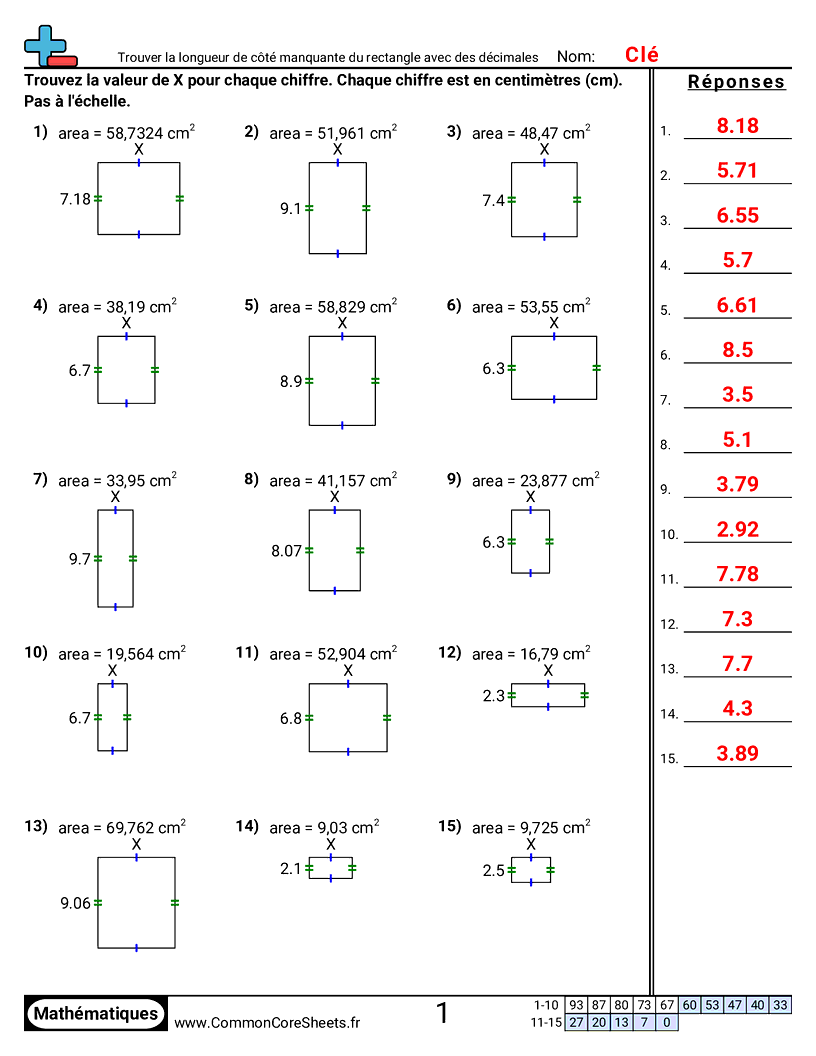 Fiches d'Exercices sur le Calcul d'Aire & Périmètre - Trouver la longueur manquante d’un côté de rectangle (décimaux) worksheet