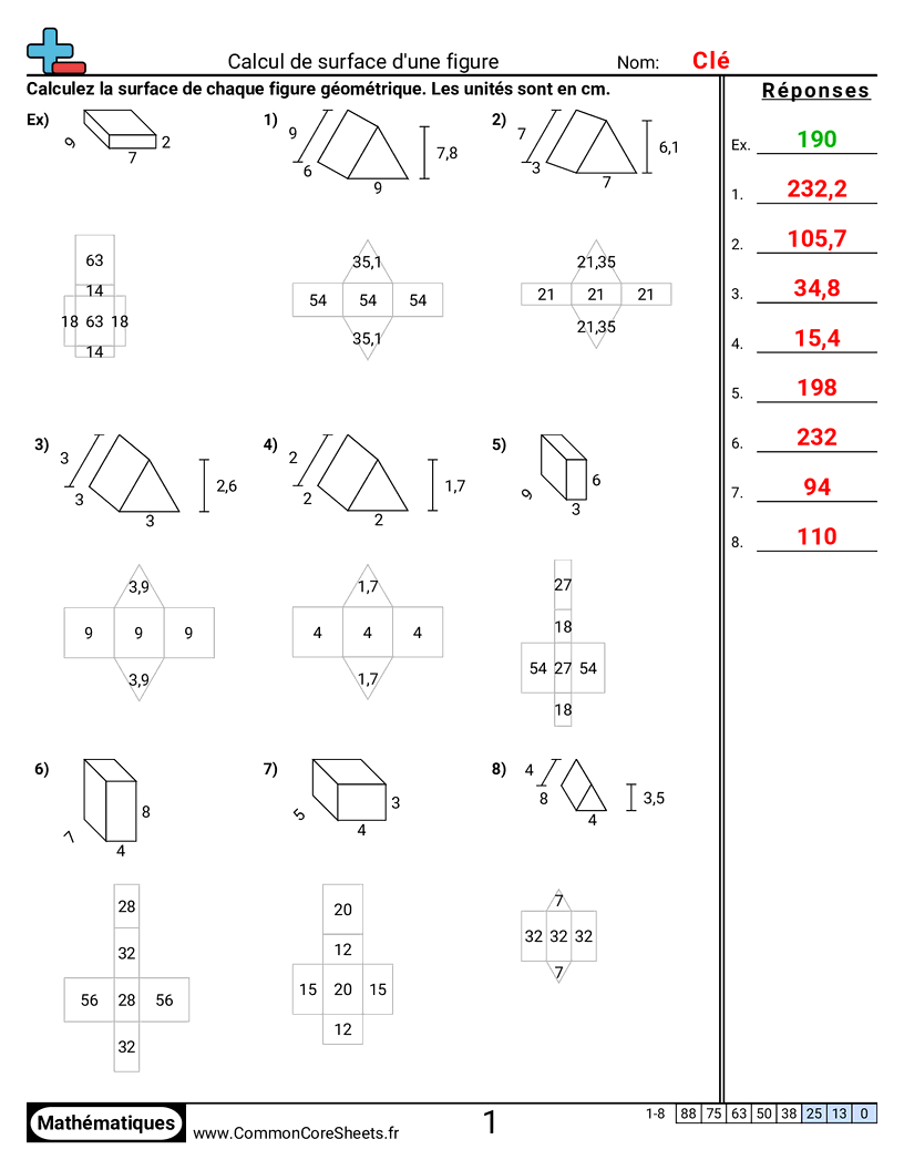 Fiches d'Exercices sur le Calcul d'Aire & Périmètre - Trouver l’aire de surface worksheet