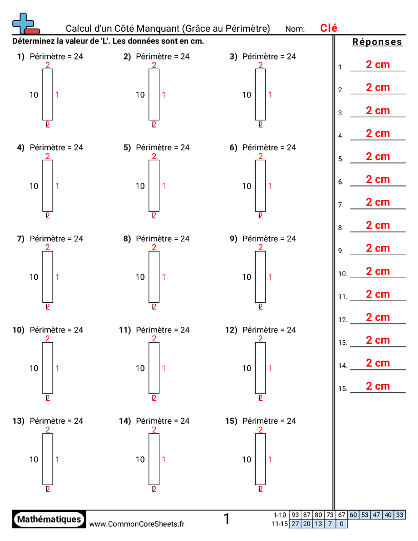 Fiches d'Exercices sur le Calcul d'Aire & Périmètre - cote-manquant-perimetre-e worksheet