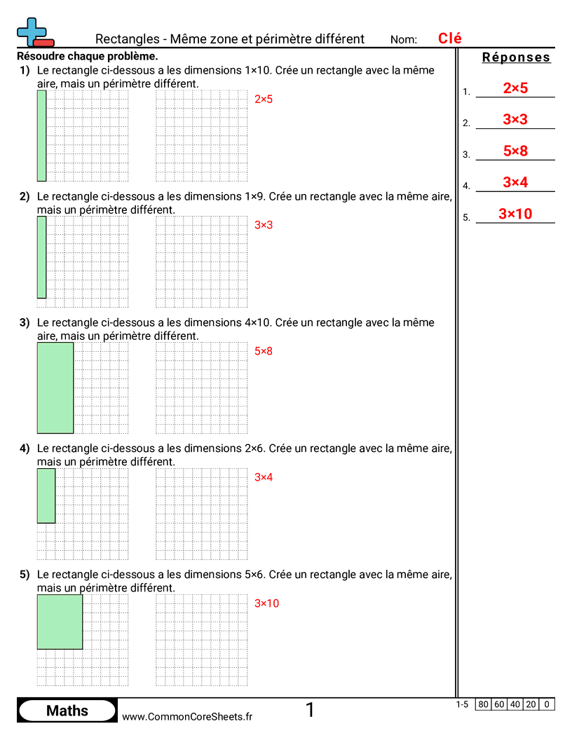 Fiches d'Exercices sur le Calcul d'Aire & Périmètre - rectangles-meme-aire-et-perimetres-differents worksheet