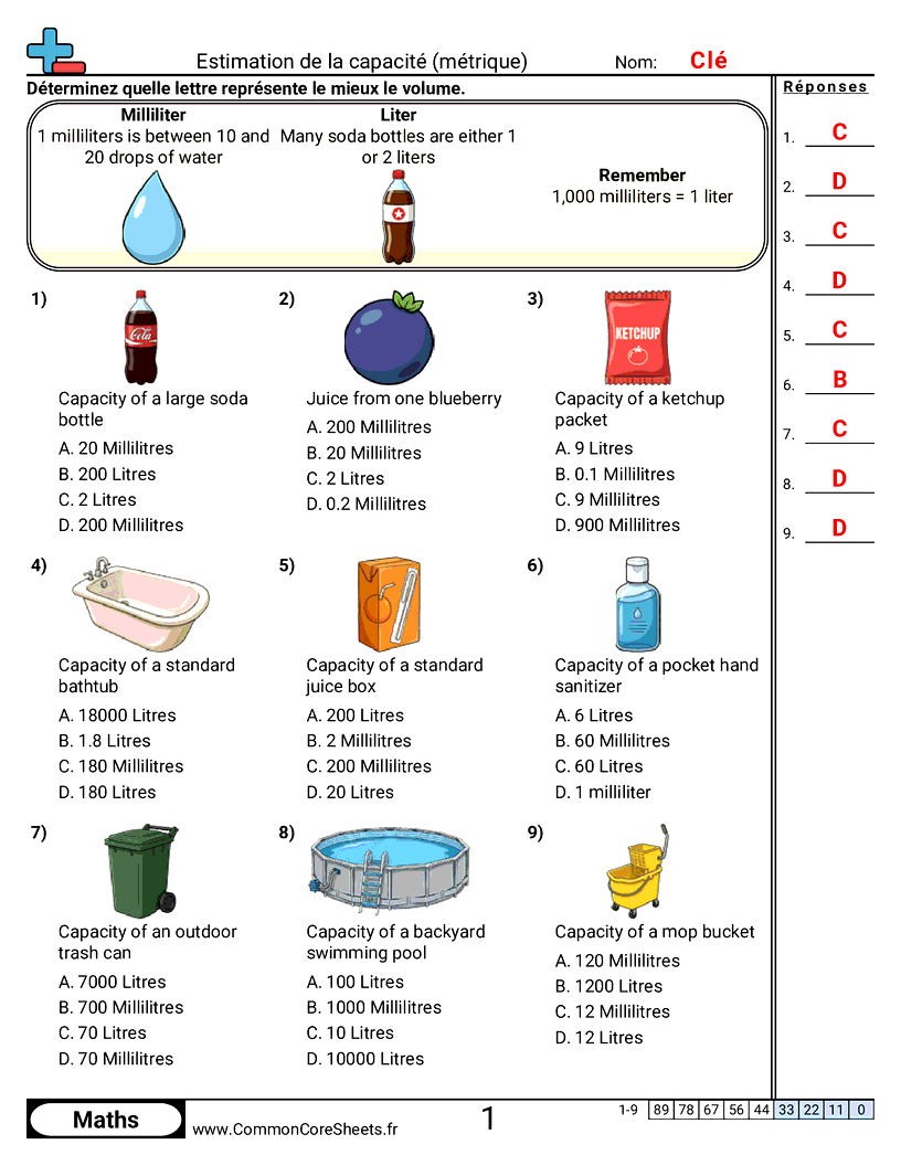 Fiches d'Exercices sur les Mesures de Capacité - capacite-metrique-visuel worksheet