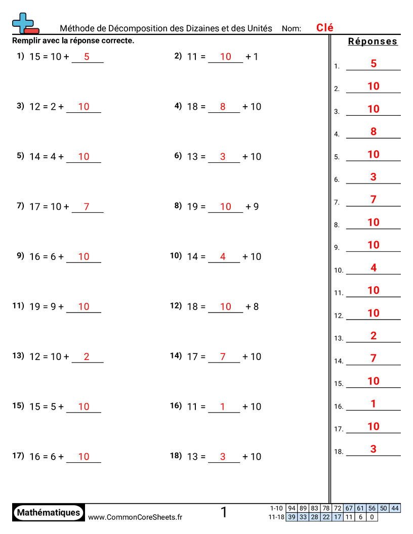 Fiches d'Exercices d'Additions - Décomposer dizaines et unités worksheet