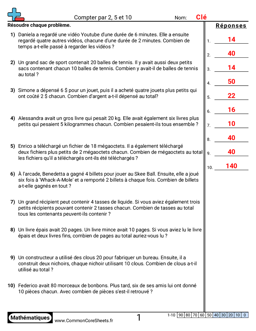 Fiches d'Exercices de Recensement - Compter de 2, 5 et 10 (problèmes) worksheet