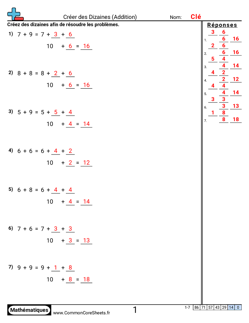 Fiches d'Exercices d'Additions - Former des dizaines worksheet