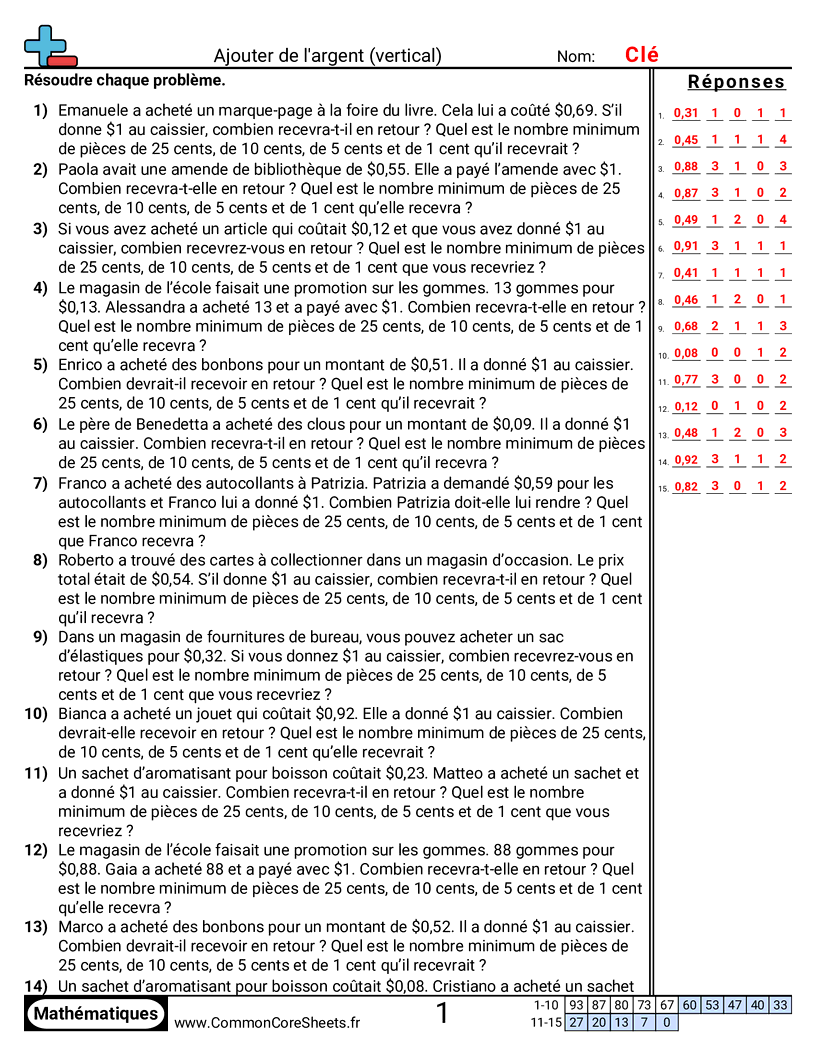 Fiches d'Exercices sur la Monnaie - Additionner de l’argent (vertical) worksheet