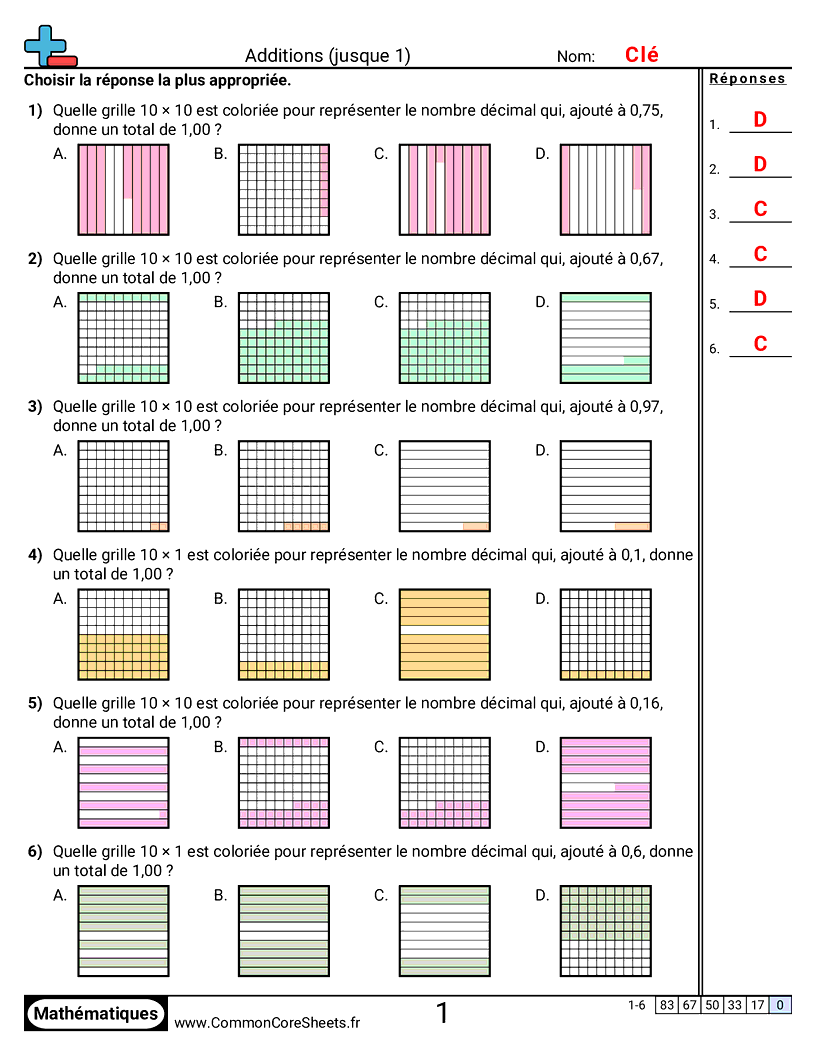 Fiches d'Exercices avec Nombres Décimaux - Additionner et soustraire jusqu’à 1 worksheet