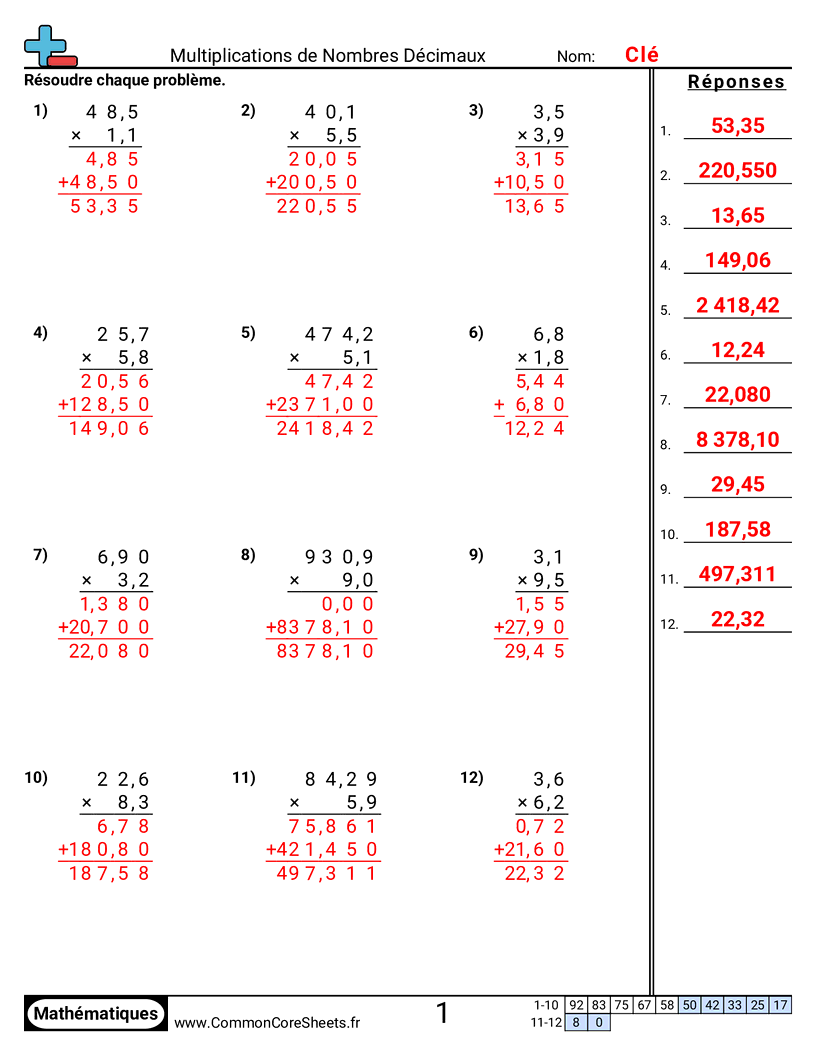 Fiches d'Exercices avec Nombres Décimaux - multiplier-des-decimaux-vertical worksheet