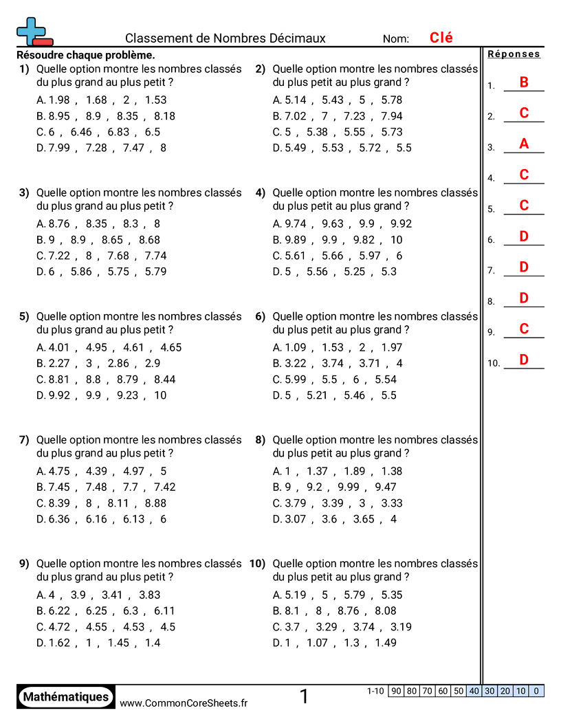 Fiches d'Exercices avec Nombres Décimaux - Jusqu’aux centièmes worksheet