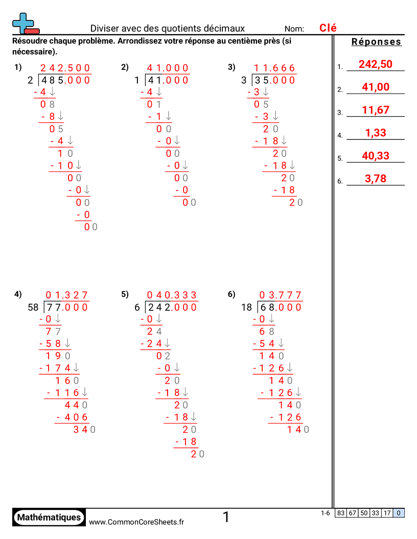 Fiches d'Exercices avec Nombres Décimaux - diviser-avec-des-quotients-decimaux worksheet