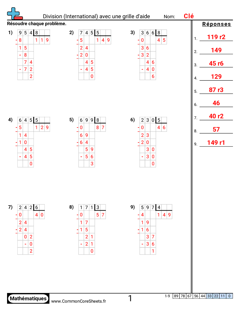 Fiches d'Exercices de Divisions - Division (style international) avec grille d’aide worksheet