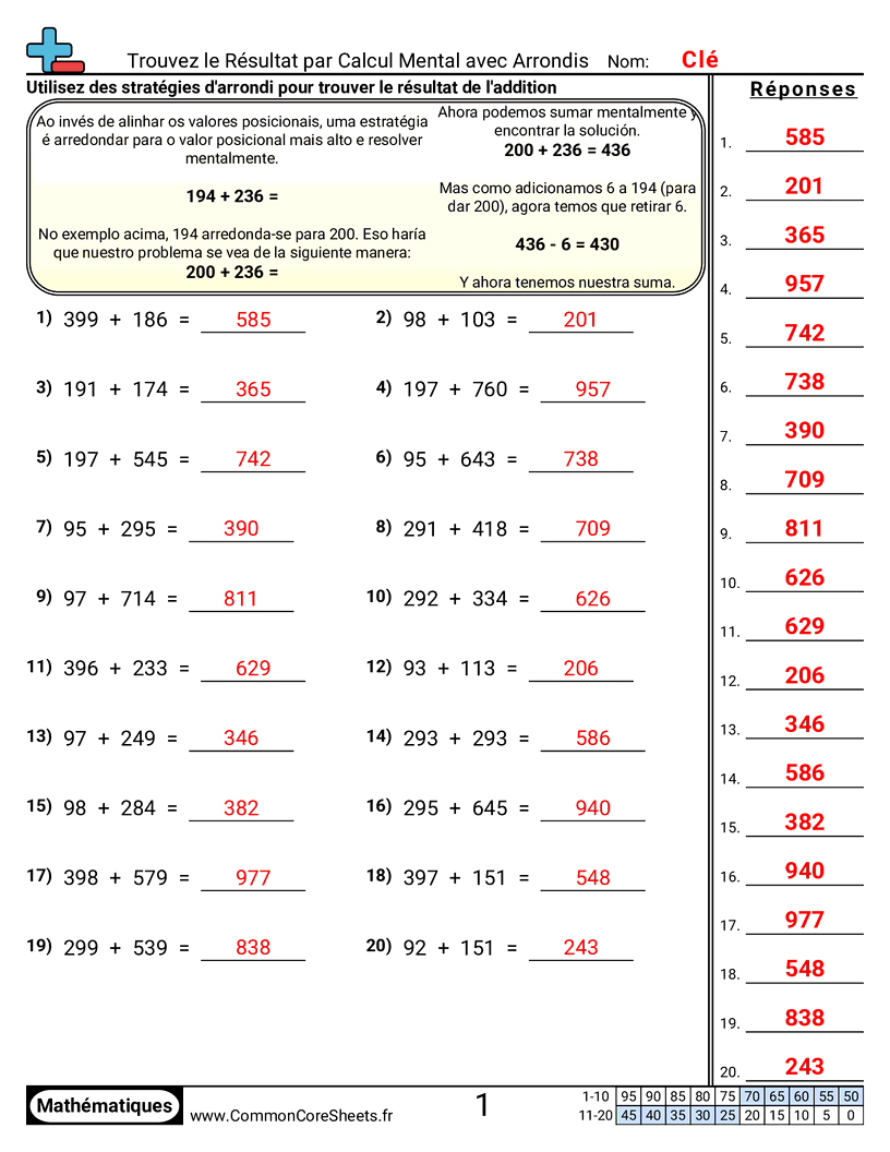Fiches d'Exercices d'Additions - Trouver la somme avec arrondi worksheet
