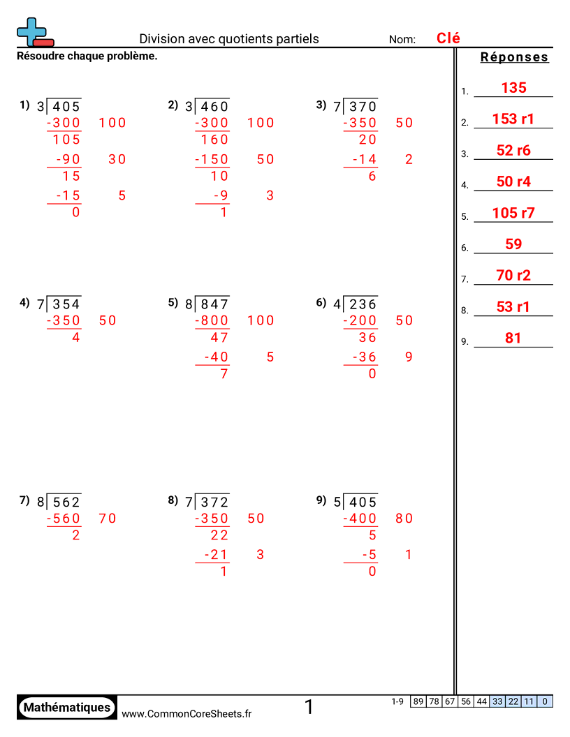 Fiches d'Exercices de Divisions - Division avec quotients partiels worksheet