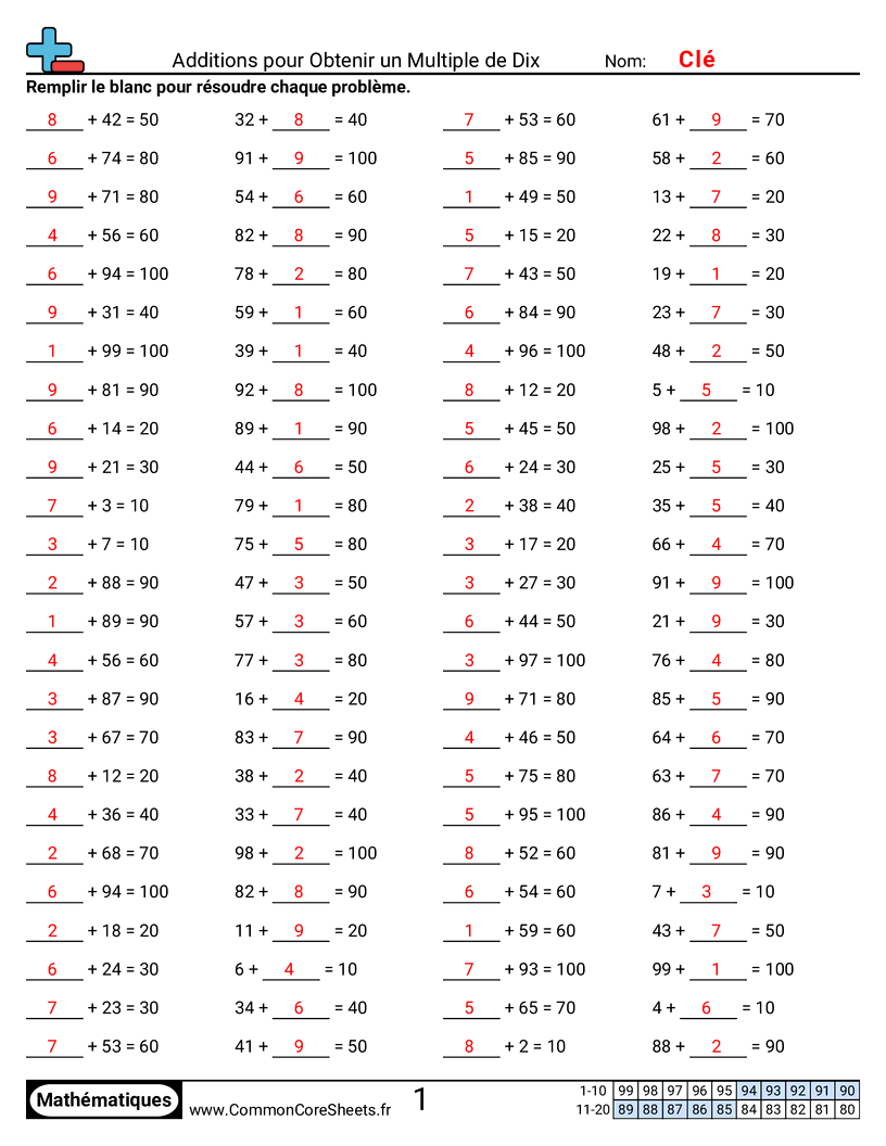 Fiches d'Exercices d'Additions - Additionner à des multiples de dix worksheet