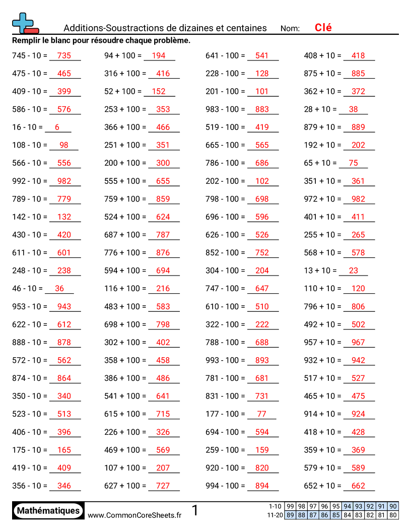 Fiches d'Exercices d'Additions - Addition-soustraction des dizaines et des centaines worksheet