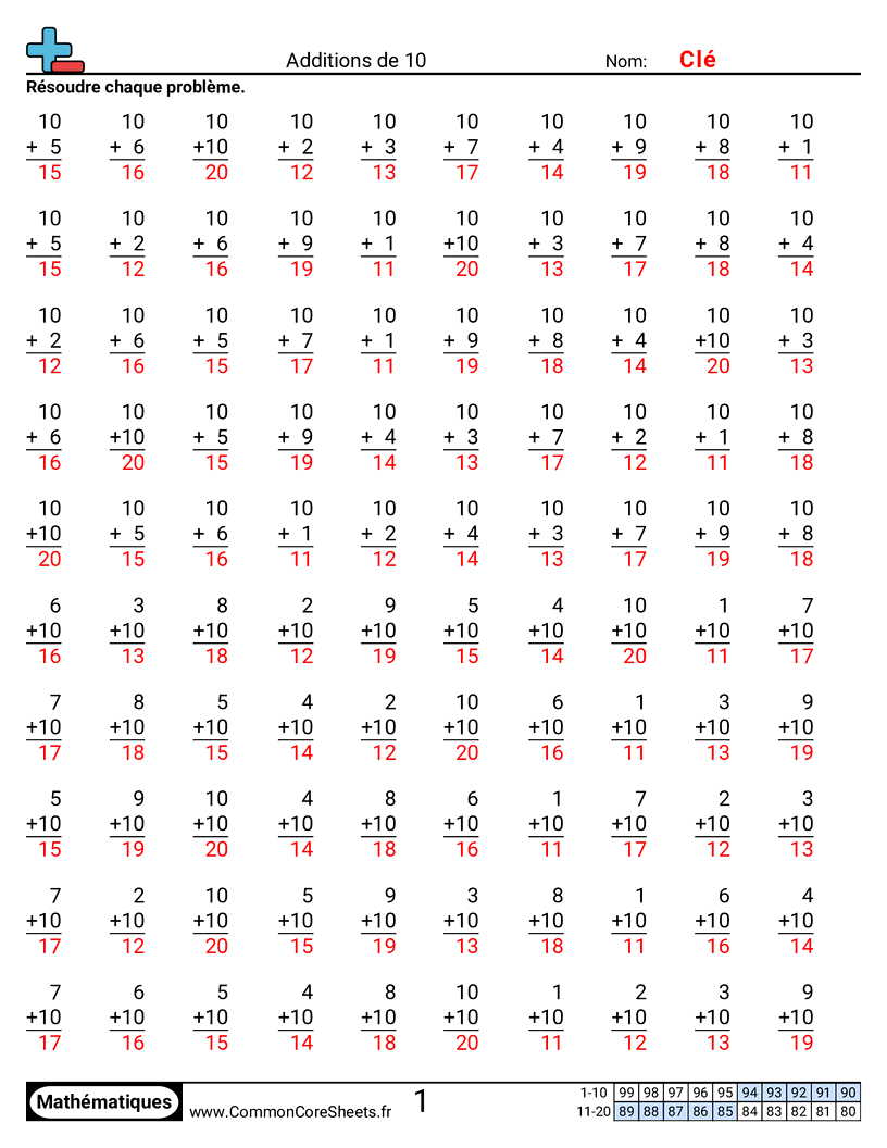 Fiches d'Exercices d'Additions - 10 worksheet