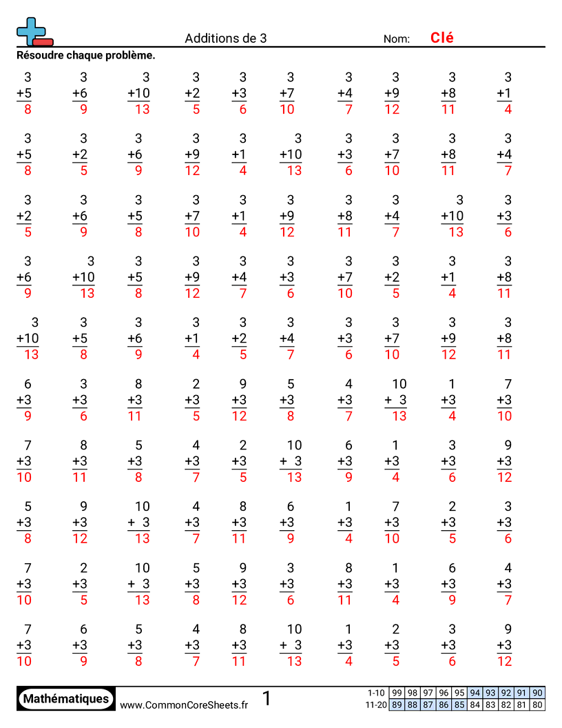 Fiches d'Exercices d'Additions - 3 worksheet