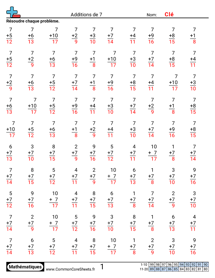 Fiches d'Exercices d'Additions - 7 worksheet