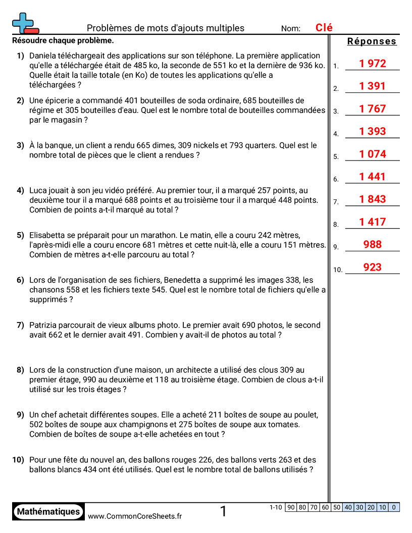 Fiches d'Exercices d'Additions - Plusieurs addends (3 chiffres) (problèmes) worksheet