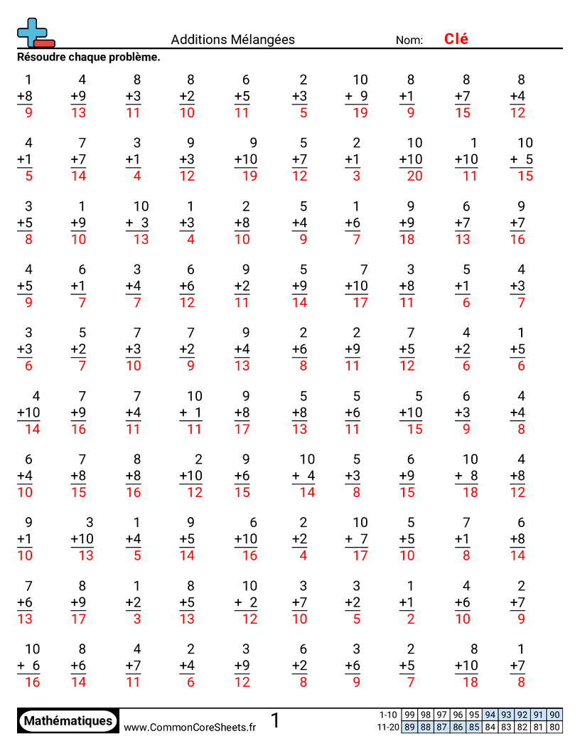 Fiches d'Exercices d'Additions - Mixte worksheet