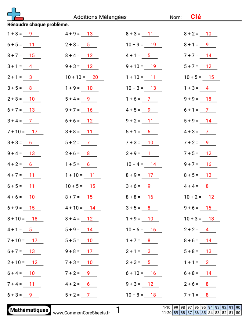 Fiches d'Exercices d'Additions - Mixte (horizontal) worksheet