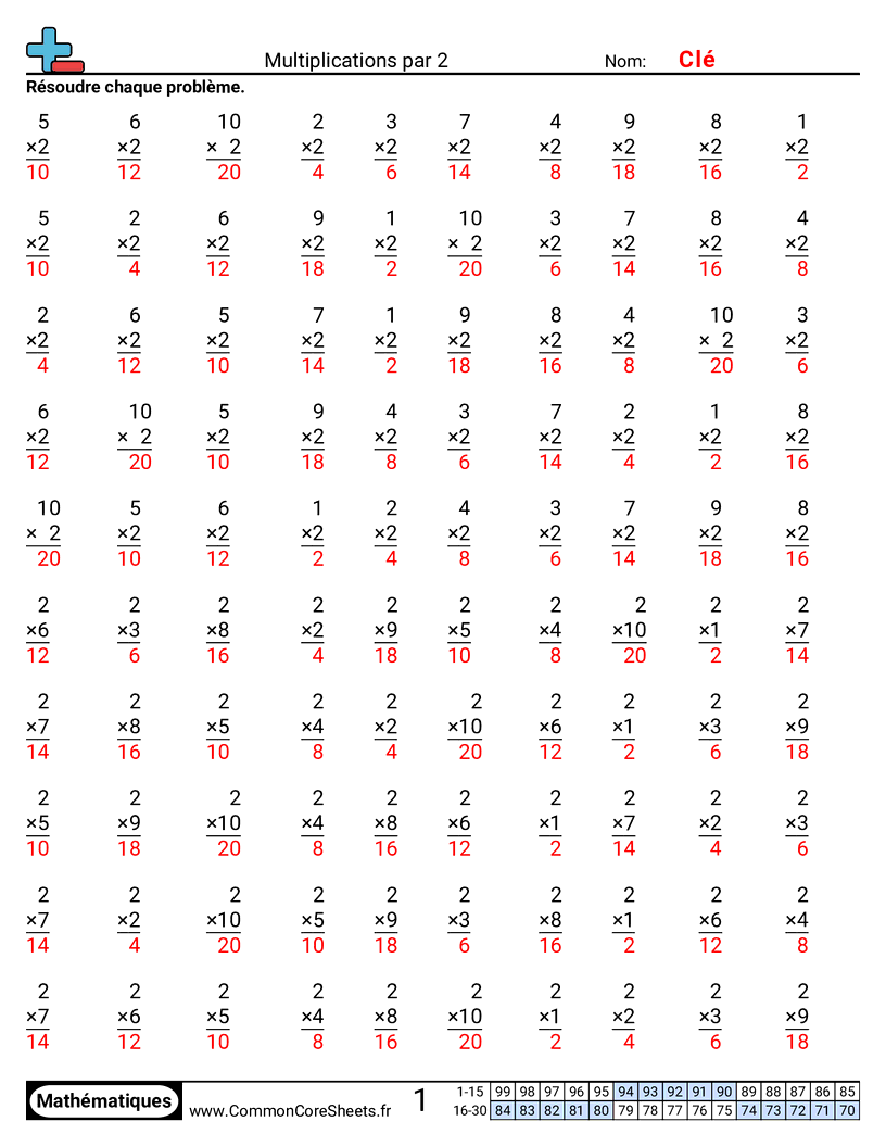 Fiches d'Exercices de Multiplications - 2 worksheet