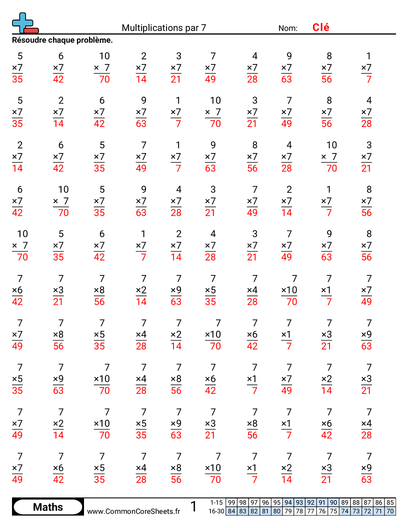 Fiches d'Exercices de Multiplications - 7 worksheet