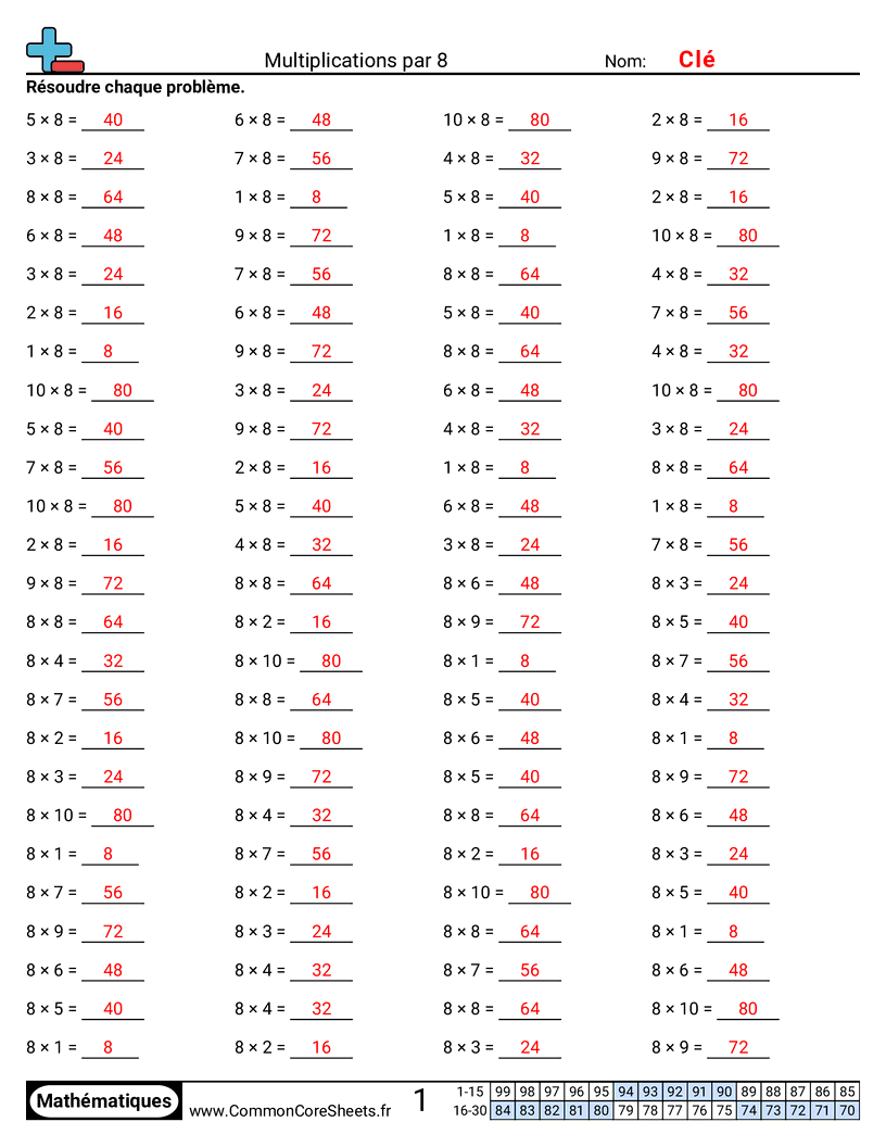 Fiches d'Exercices de Multiplications - 8-horizontal worksheet