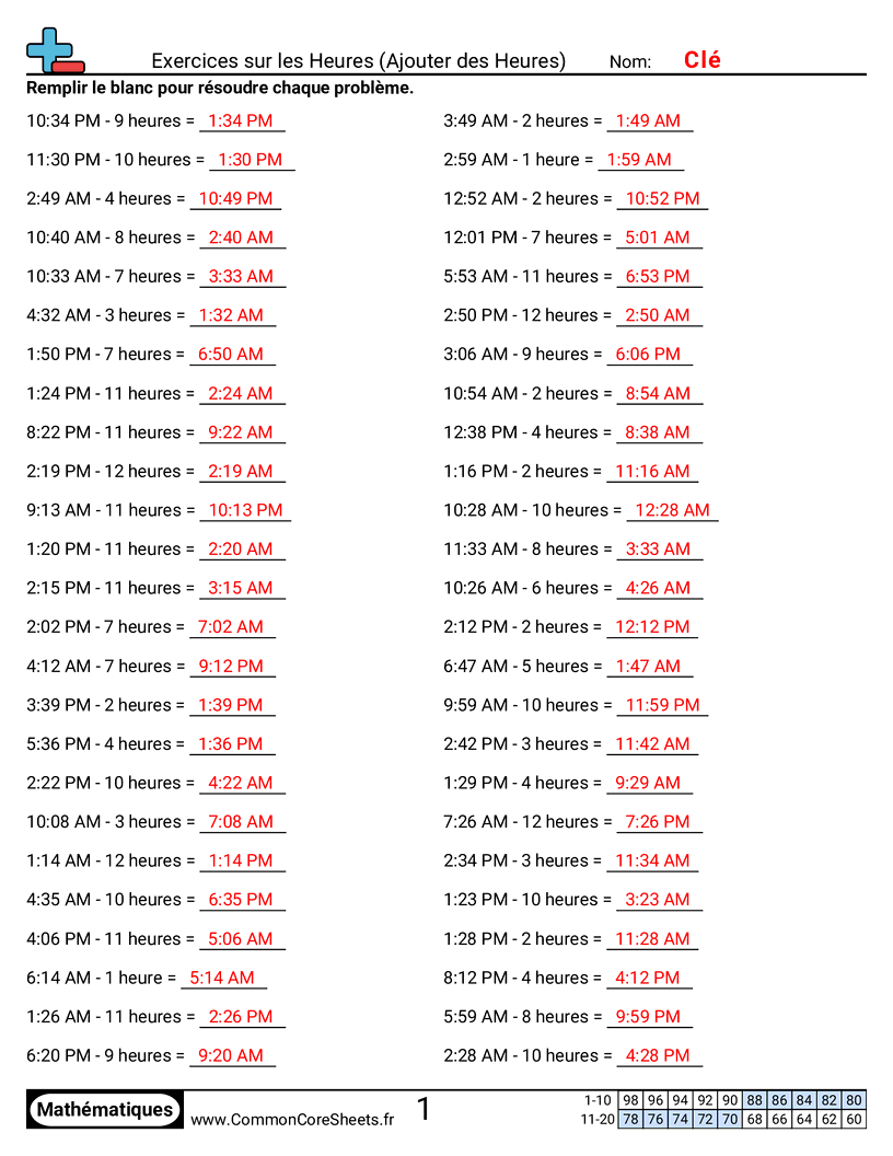 Fiches d'Exercices - Soustraire des heures worksheet