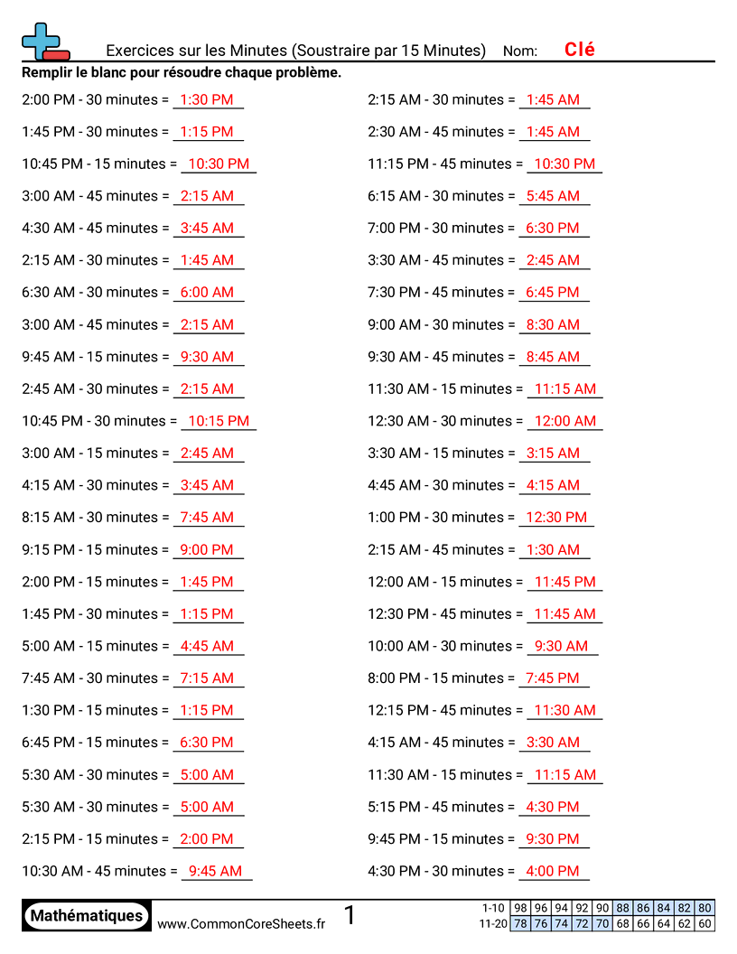 Fiches d'Exercices - Soustraire des minutes worksheet