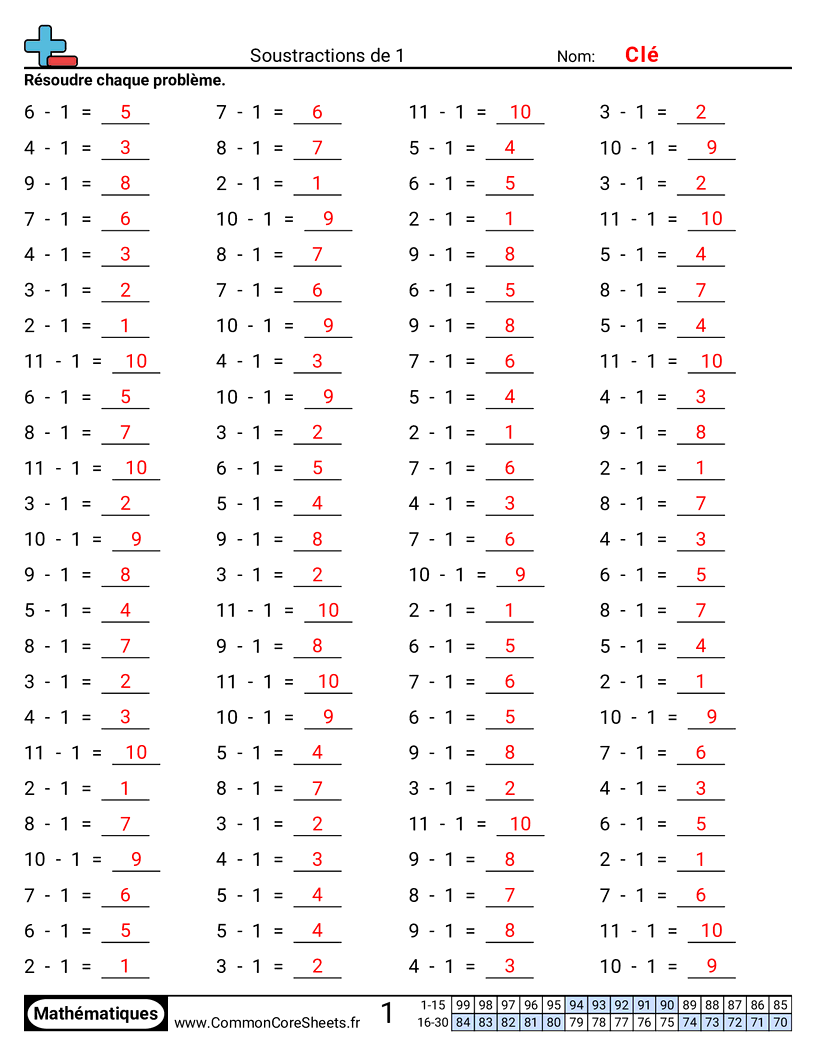 Fiches d'Exercices de Soustractions - 1-horizontal worksheet