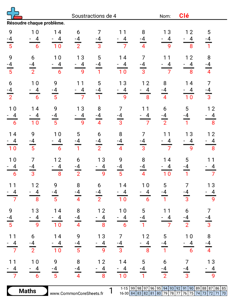 Fiches d'Exercices de Soustractions - 4 worksheet