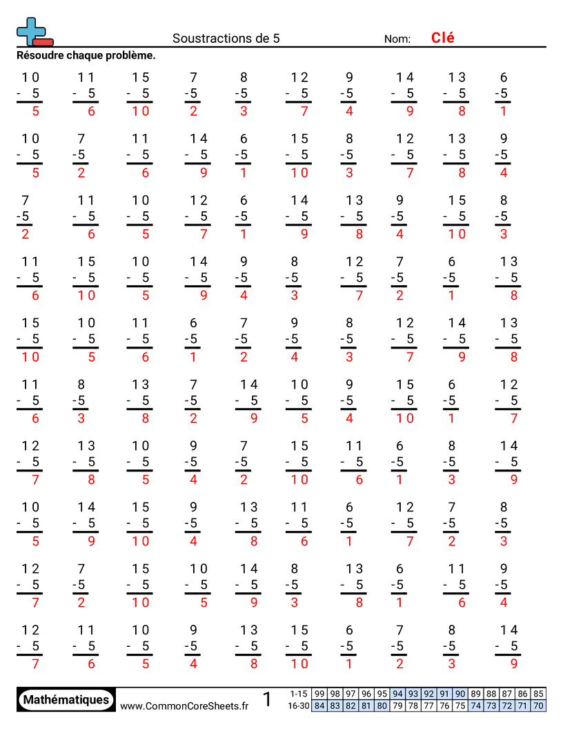 Fiches d'Exercices de Soustractions - 5 worksheet