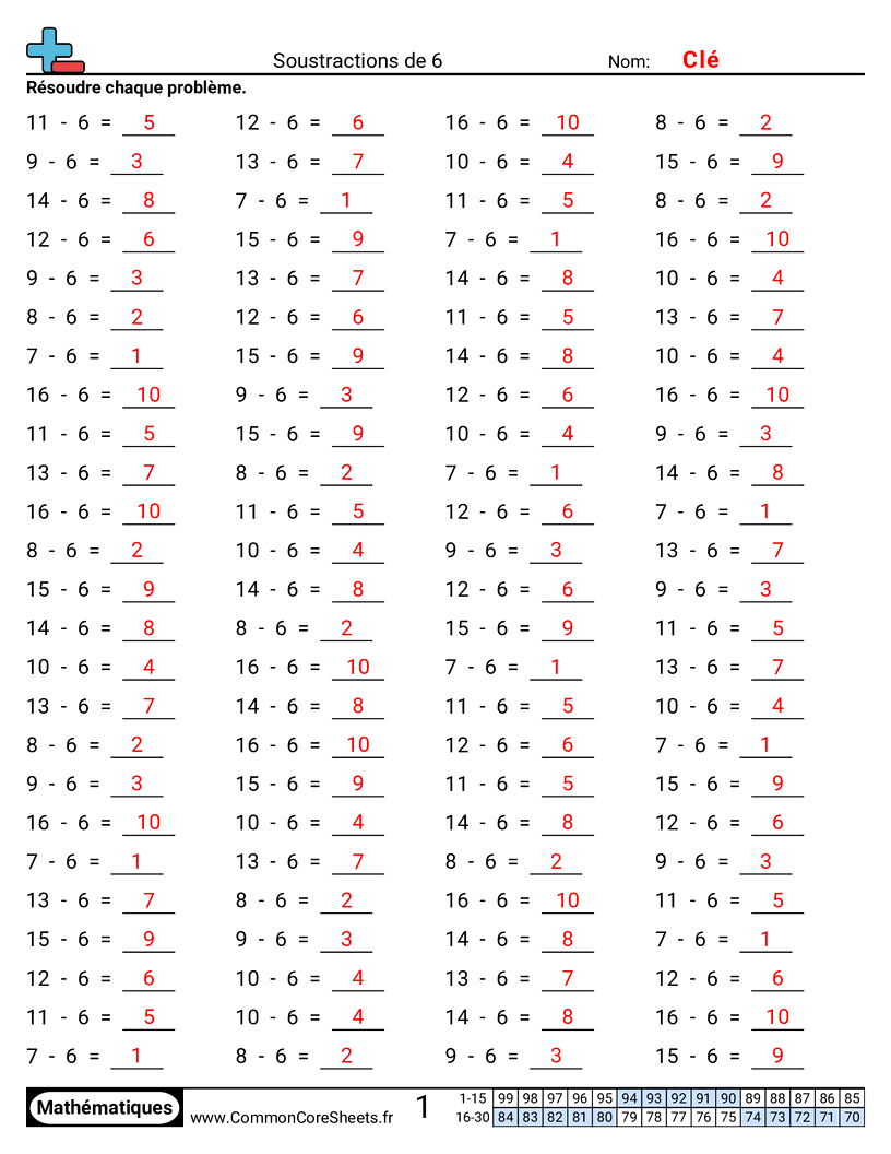 Fiches d'Exercices de Soustractions - 6-horizontal worksheet
