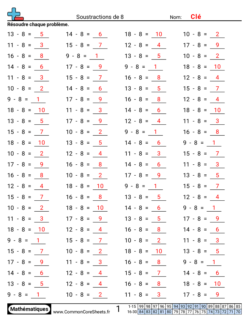 Fiches d'Exercices de Soustractions - 8-horizontal worksheet