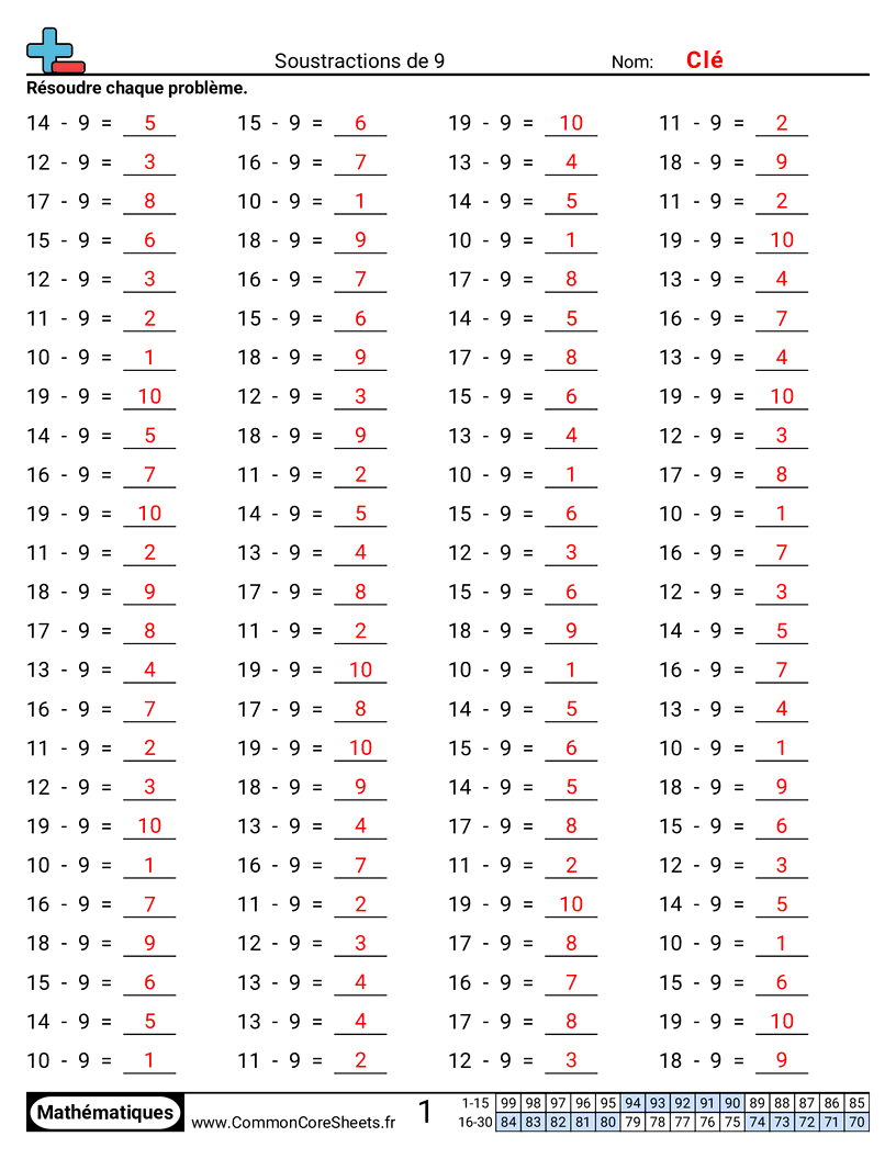 Fiches d'Exercices de Soustractions - 9-horizontal worksheet