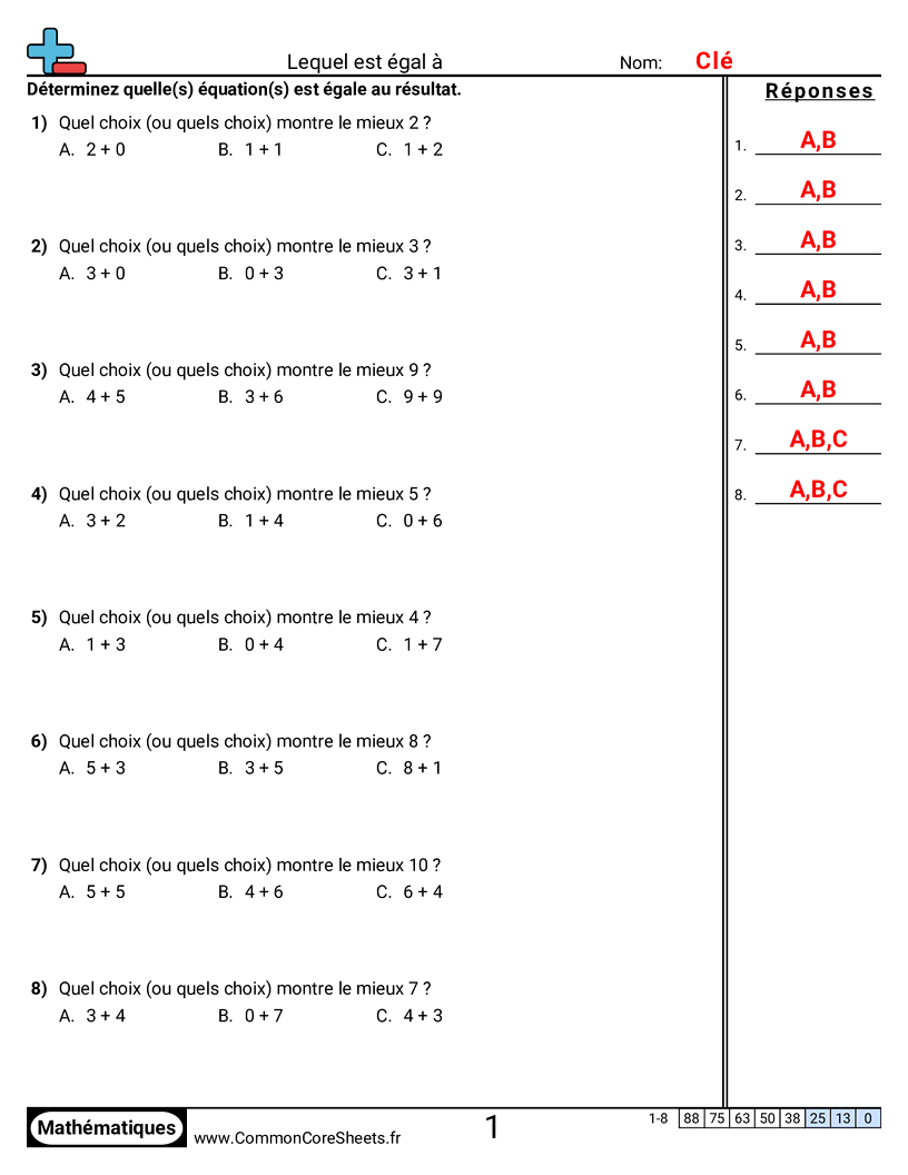Fiches d'Exercices d'Additions - Lequel est égal worksheet